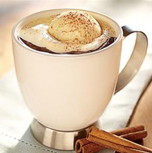 White mug topped with vanilla ice cream and a side of cinnamon sticks