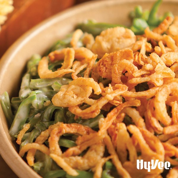 Green beans in creamy white sauce with crispy onions on top