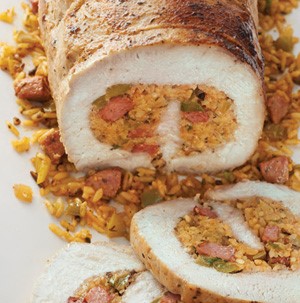 Pork loin swirled around rice and andouille filling