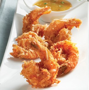 Platter of coconut shrimp served with ginger-apricot dipping sauce