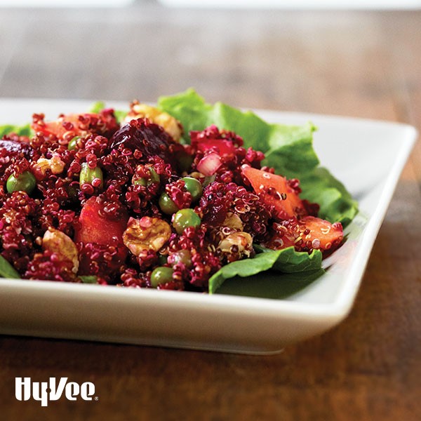 Plate of beet and walnut quinoa salad