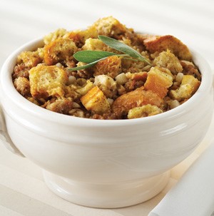 Bowl filled with sausage stuffing and wild rice