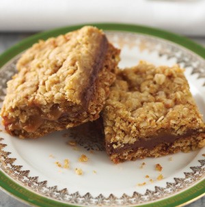 Plate of chewy caramel oatmeal bars