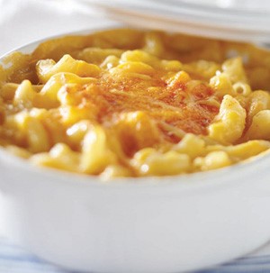 Bowl of baked macaroni and cheese