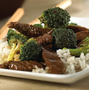 Plate of beef teriyaki with broccoli over white rice