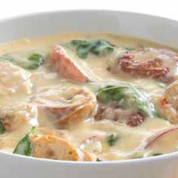 Creamy soup filled with sausage and spinach
