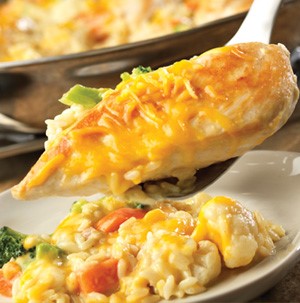 Plate of cheesy chicken and rice skillet