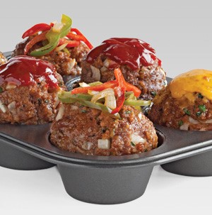 Muffin pan meatloaf topped with carmelized peppers