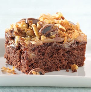 Brownies topped with toasted coconut, chocolate, and caramel