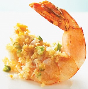 A single shrimp filled with crabmeat stuffing