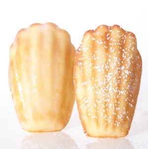 Two madeleines, one glazed and one sprinkled with powdered sugar