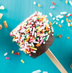 Chocolate-banana pop covered in colored sprinkles
