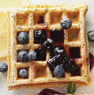 Square lemon poppy seed waffles filled with blueberries