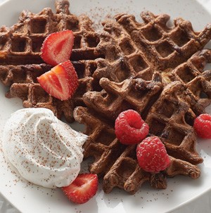 Plate of chocolate waffles topped with berries and cocoa powder with a side of whipped topping