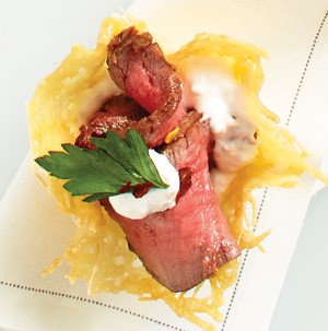 Cheese crisp filled with beef and horseradish 