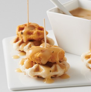 Chicken 'n' waffle sticks drizzled in chicken gravy