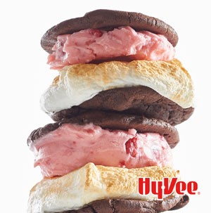 Chocolate cookie sandwiches filled with berry sherbet and roasted marshmallows