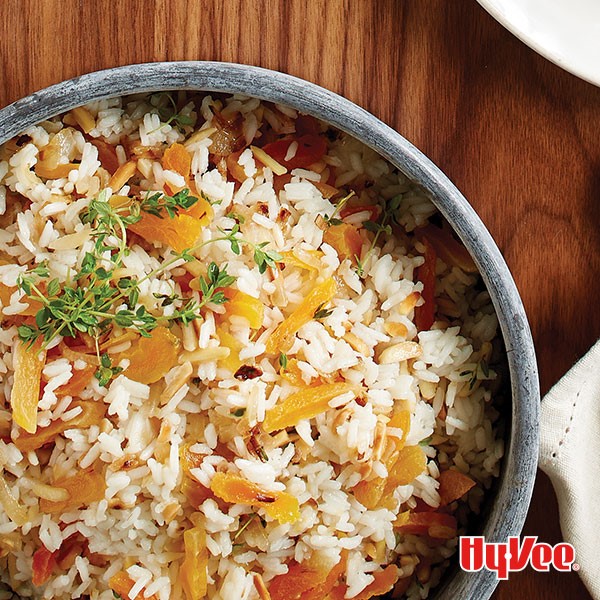 Bowl of almond-apricot rice pilaf