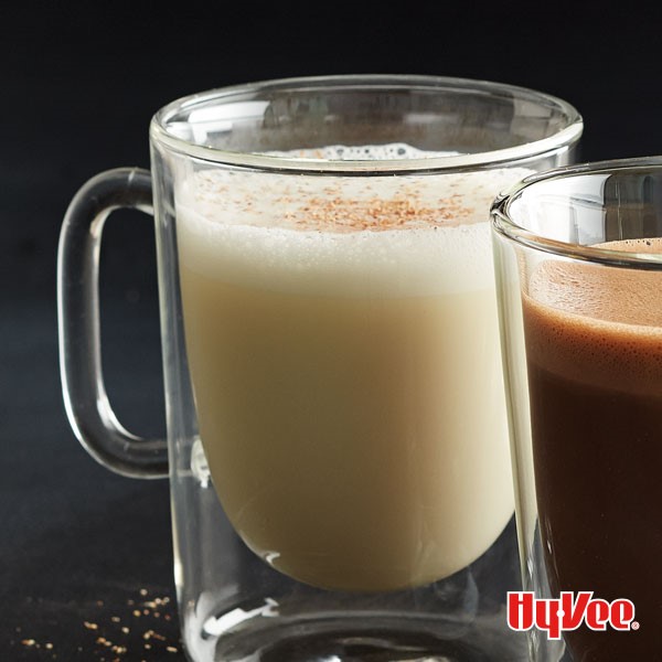 Hot white chocolate in glass mug