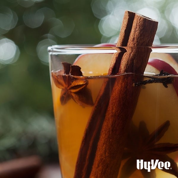 Glass of cinnamon apple twist filled with whole star anise, apple slices and cinnamon stick