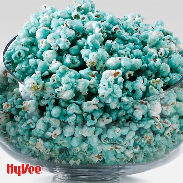 Glass bowl filled with blue popcorn