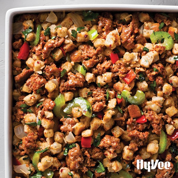 Sausage stuffing mixed with celery, cilantro, red bell pepper and onion