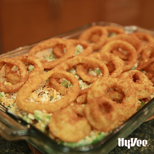 Chef Andrew's ultimate green bean casserole topped with onion rings