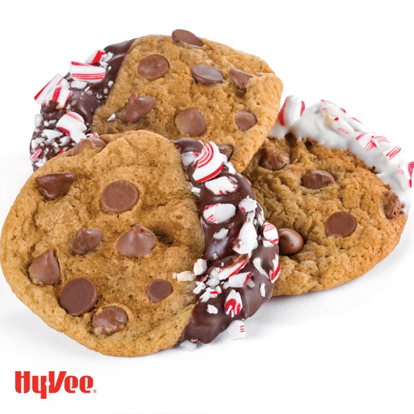 Chocolate chip cookies partially dipped peppermint chocolate