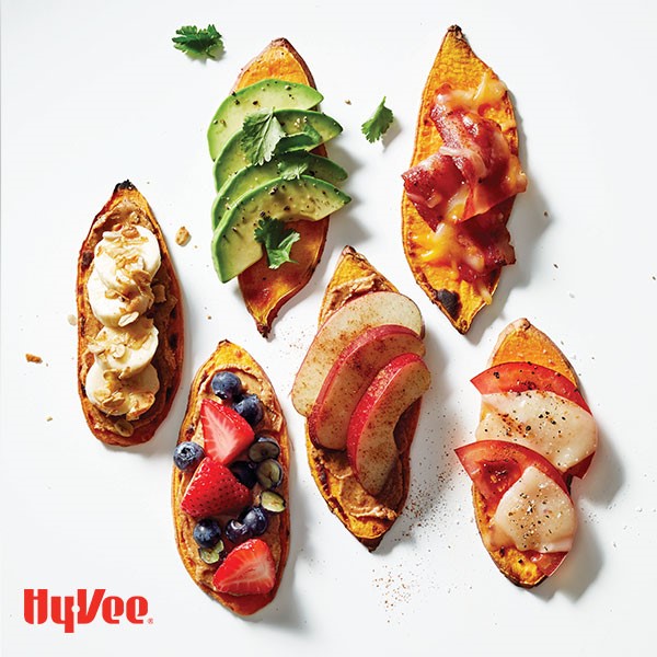 Sweet potatoes topped with various sweet and savory toppings