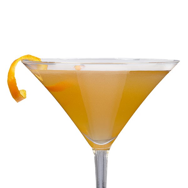 Yellow drink in a martini glass with a orange peel 