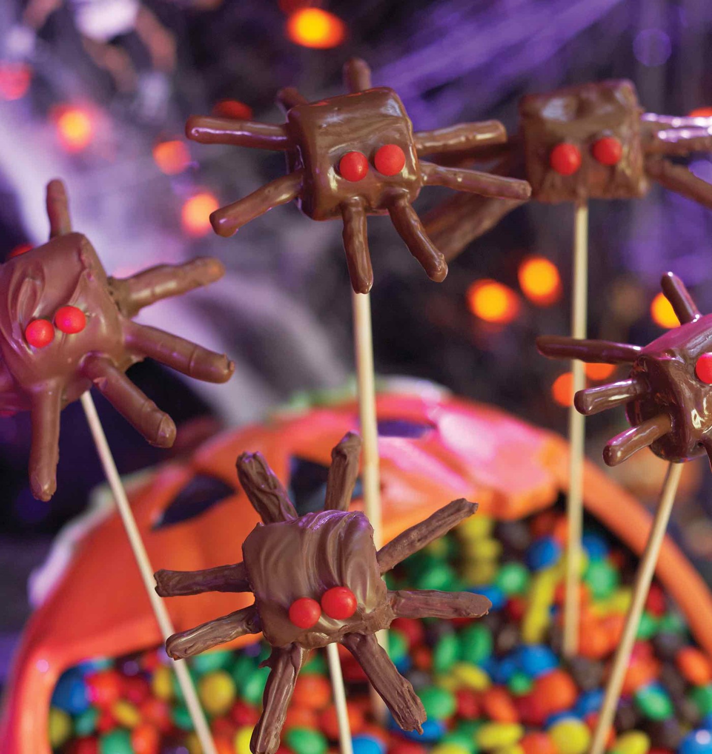 Chocolate Covered Marshmallows and Stick Pretzels Make a Spider
