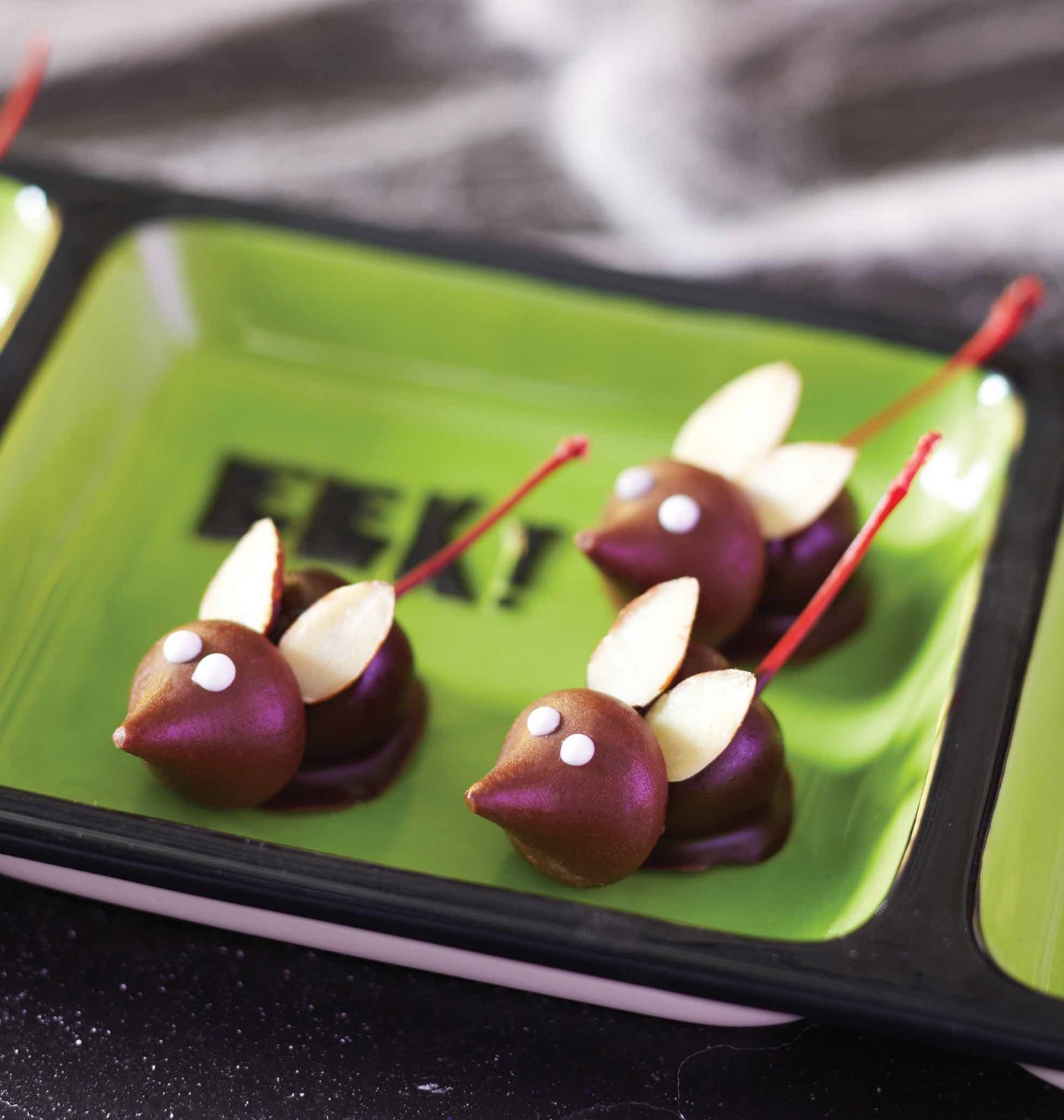 Chocolate Covered Cherries Bodies, Hershey Kiss Faces and Two Almond Slices Make Creepy Mice