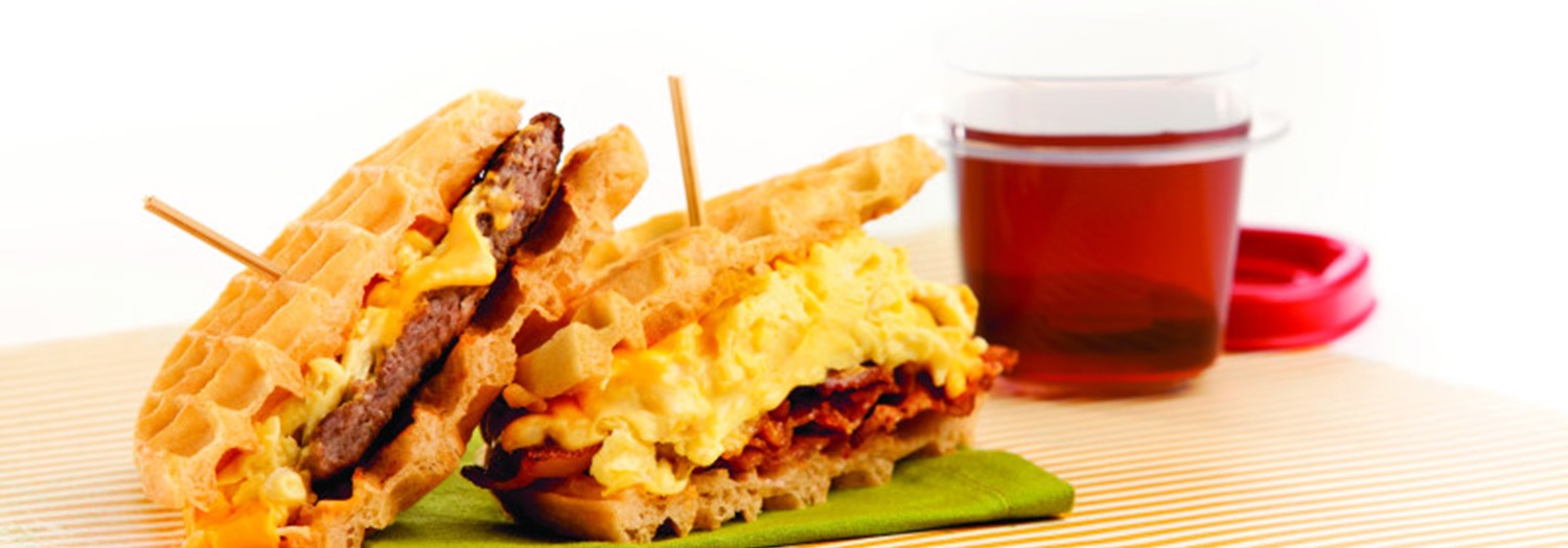 Waffle Sandwiches with Scrambled Eggs and Bacon