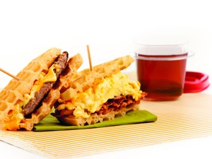 Waffle Sandwiches with Scrambled Eggs and Bacon