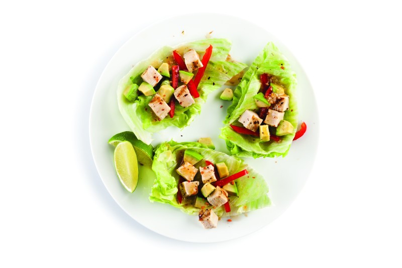 Lettuce Wraps with Ham, Bell Peppers, Avocados, and Limes on the Side