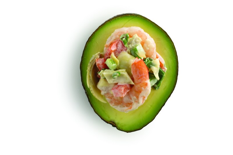 Avocado stuffed with Shrimp, Green Onions, and Tomatoes