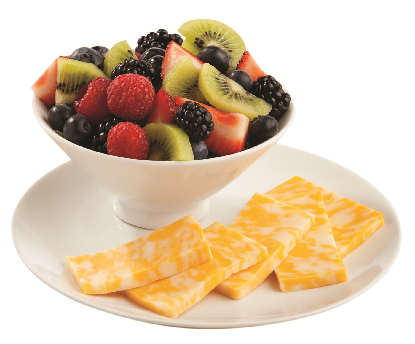 Colby Cheese Slices and a Bowl of Mixed Berries and Kiwi
