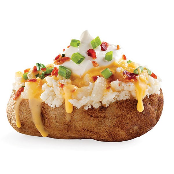 twice baked potato topped with cheese, bacon, sour cream, and green onions