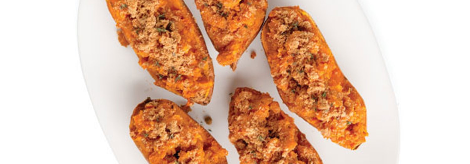 Twice Baked Sweet Potatoes with a Crumble on Top