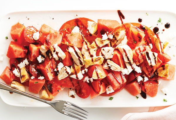 Watermelon Chicken Salad with Tomatoes and Drizzled with Balsamic Vinegar