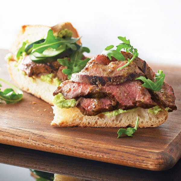 Flank Steak Open Faced Sandwiches with Avocado Spread and Arugula