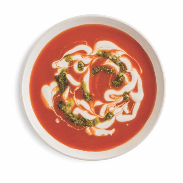 Tomato Soup with Marbled Sour Cream and Pesto