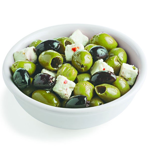 Green and Black Olives with Cheese Cubes