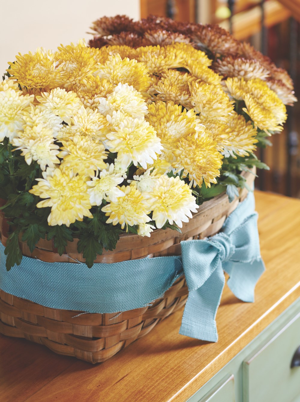 Yellow and burgundy mums in a woven basket with blue bow