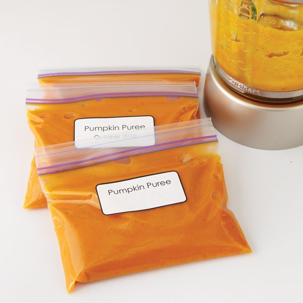 Pumpkin puree in resealable plastic bags with label