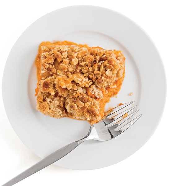 Pumpkin pie base topped with brown sugar and oatmeal crumb topping