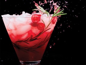 Glass of skinny cranberry kombucha cocktail garnished with cranberries and rosemary