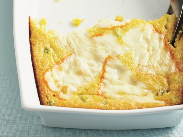 Pan half-filled with corn souffle