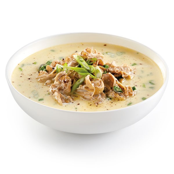 White bowl of creamy oyster stew